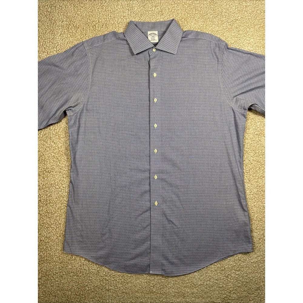 Brooks Brothers Regent Button Shirt Mens 16.5 34/35‎ Blue Geometric Dobby Print